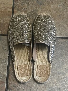 Tory Burch Champagne Glitter Slip-On Espadrille Mules size 9M - good condition